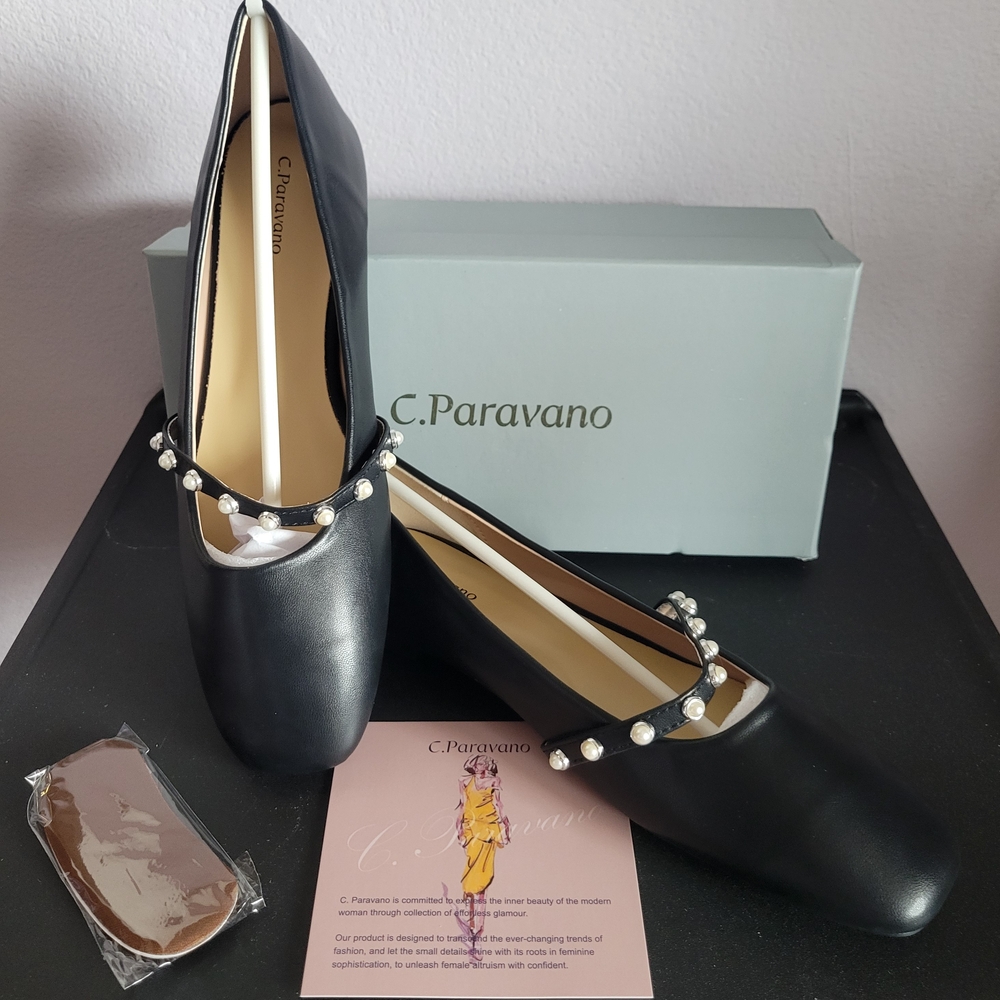 NIB Black Leather Flats with Pearl Detailing